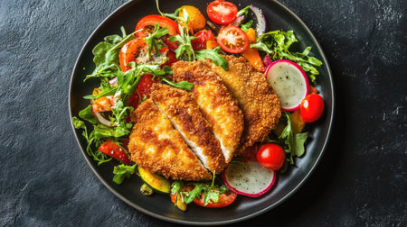 A beautifully plated chicken schnitzel with a vibrant vegetable salad on a dark background. Ideal for showcasing traditional cuisine with a healthy twistの素材