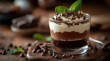 A close-up of a layered mousse "Three chocolates" in a glass, beautifully decorated with fresh mint leaves and chocolate chips, with a blurred backgroundの素材