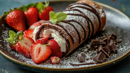 A chocolate mille crepes roll, filled with juicy strawberries and light whipped cream, garnished with chocolate dust, beautifully arranged on a plateの素材