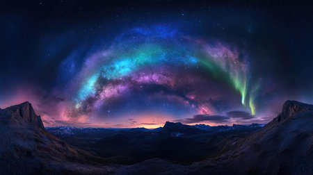 A panoramic view of the Milky Way galaxy and the aurora borealis, showcasing the vastness and beauty of the night sky.の素材