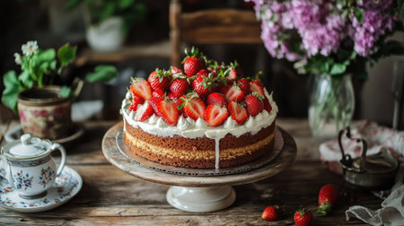 A moist, homemade cake with strawberries on top, served on a rustic wooden table with a vintage tea set and a bouquet of fresh flowersの素材
