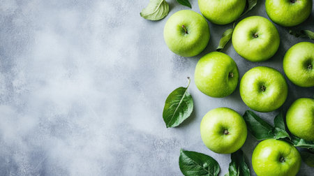 Green apples arranged on a clean background, isolated with abstract space for text. Focus on organic healthy fruit.の素材