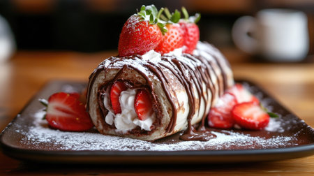 A mouth-watering chocolate mille crepes roll filled with fresh strawberry chops and fluffy whipped cream, with a light dusting of chocolate on topの素材