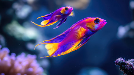 A pair of Purple Firefish gracefully swimming together in a reef aquarium, their vibrant purple and yellow bodies glowing against the deep blue waterの素材