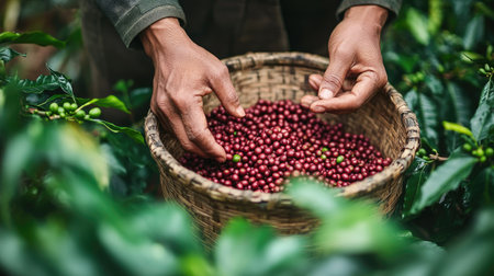 A pair of hands sorting through a basket of Arabica coffee berries in Vietnam, with green foliage and coffee plants blurred in the backgroundの素材