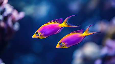A pair of Purple Firefish gracefully swimming together in a reef aquarium, their vibrant purple and yellow bodies glowing against the deep blue waterの素材