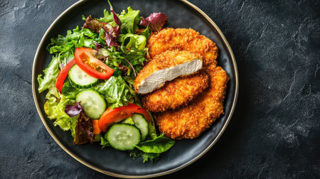 A plate of crispy chicken schnitzel accompanied by a fresh vegetable salad, on a dark stone background. Top view, highlighting a classic and nutritious dishの素材