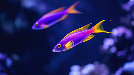 A pair of Purple Firefish gracefully swimming together in a reef aquarium, their vibrant purple and yellow bodies glowing against the deep blue waterの素材