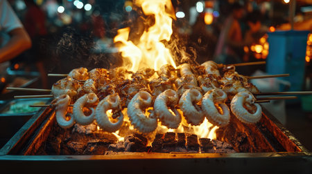 Grilled squid on skewers over hot coals, with flames dancing around the seafood at a bustling Thai street food market, highlighting the delicious and aromatic experienceの素材
