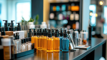 Hair sprays and accessories like combs and pins neatly arranged on a table in a modern beauty salon, ready for use.の素材