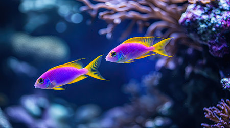 A pair of Purple Firefish gracefully swimming together in a reef aquarium, their vibrant purple and yellow bodies glowing against the deep blue waterの素材