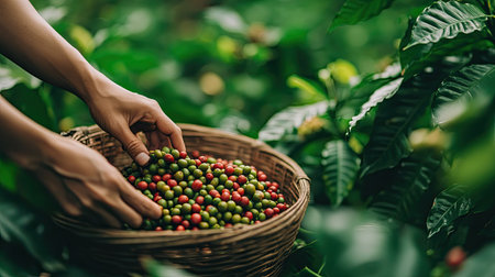 A pair of hands sorting through a basket of Arabica coffee berries in Vietnam, with green foliage and coffee plants blurred in the backgroundの素材