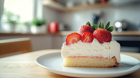 A mouthwatering slice of strawberry-topped cake on a white plate, placed on a wooden table, with a blurred background of a cozy kitchen settingの素材