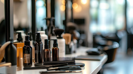 Hair sprays, combs, and styling accessories laid out on a clean table in a fashionable beauty salon, with mirrors reflecting the scene.の素材