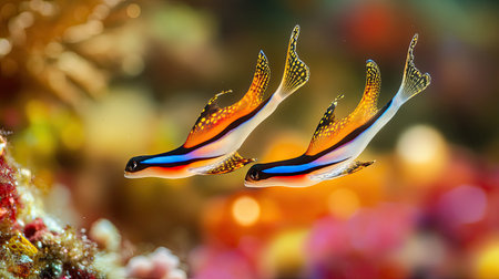 A pair of Nemateleotris decora swimming above a colorful reef, with their distinctive elongated fins and glowing colors attracting attentionの素材