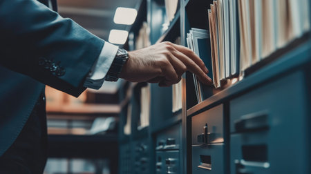 Hand of a male office worker accessing a file cabinet, searching for documents among labeled folders in a well-organized drawerの素材