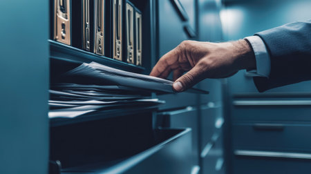 Hand of a businessman searching through documents in a metal file cabinet, highlighting office life and document organization in a professional environmentの素材