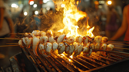 Grilled squid on skewers over hot coals, with flames dancing around the seafood at a bustling Thai street food market, highlighting the delicious and aromatic experienceの素材