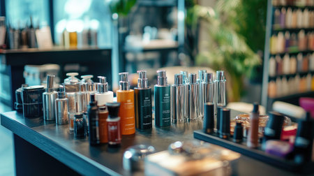 Hair sprays and various accessories displayed on a stylish table in a beauty salon, ready for a hair makeover.の素材