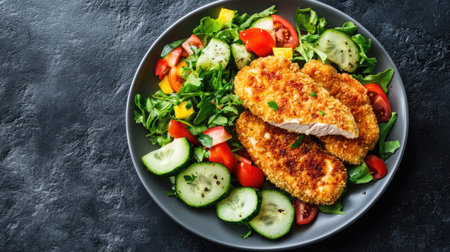 A plate of crispy chicken schnitzel accompanied by a fresh vegetable salad, on a dark stone background. Top view, highlighting a classic and nutritious dishの素材
