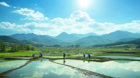 A picturesque scene of Korean farmers planting rice seedlings in a lush paddy field in Angang-eup, Gyeongju-si, South Korea, under a bright, sunny skyの素材