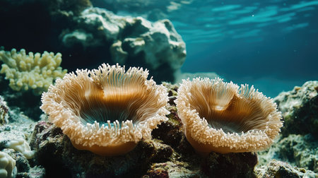 A pair of Flower Pot Corals with their lush, petal-like polyps extending gracefully in the clear ocean water, surrounded by other coral speciesの素材