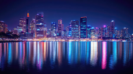 A nighttime cityscape of Sydney's skyline, with skyscrapers illuminated in various hues for Vivid Sydney. The reflections shimmer in the calm waters of the harborの素材