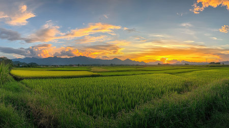 A panoramic morning shot of green rice fields and distant mountains in Nan province, Thailand, with a soft glow of sunrise and a few clouds scattered in the skyの素材