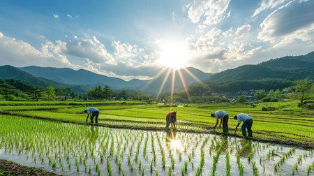 A picturesque scene of Korean farmers planting rice seedlings in a lush paddy field in Angang-eup, Gyeongju-si, South Korea, under a bright, sunny skyの素材