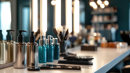 Hair sprays, combs, and styling accessories laid out on a clean table in a fashionable beauty salon, with mirrors reflecting the scene.の素材