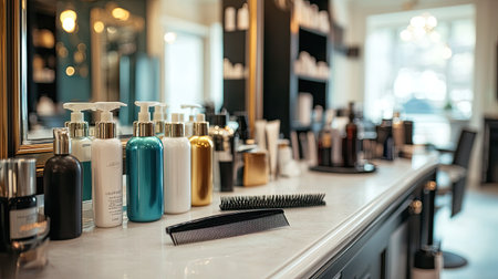 Hair sprays, combs, and styling accessories laid out on a clean table in a fashionable beauty salon, with mirrors reflecting the scene.の素材