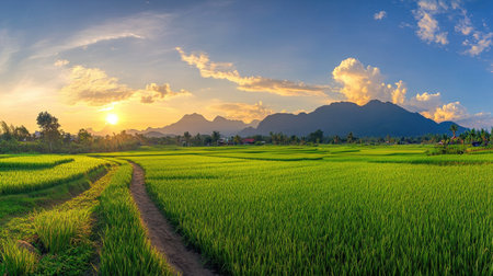 A panoramic morning shot of green rice fields and distant mountains in Nan province, Thailand, with a soft glow of sunrise and a few clouds scattered in the skyの素材