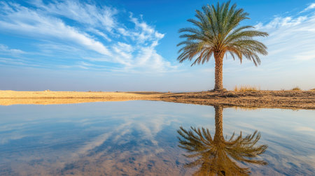 A date palm tree reflected in a clear desert lake, creating a stunning and mirror-like image.の素材