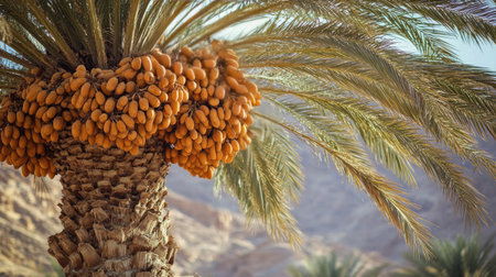 A date palm tree in a desert oasis, its branches bowed down under the weight of abundant date clusters.の素材