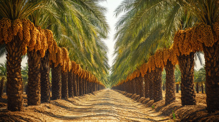 A date palm plantation with rows of trees, their trunks adorned with clusters of dark yellow dates, ready for harvest.の素材