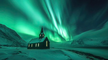 A breathtaking time-lapse of the aurora borealis dancing and shifting across the night sky above a Christian church at Skagsanden beach, Lofoten islands, Norway, capturing the dynamic beauty of the celestial light.の素材