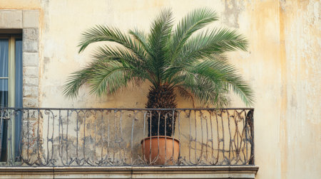 A date palm tree growing in a pot on a balcony, bringing a touch of the exotic to an urban setting.の素材