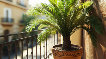 A date palm tree growing in a pot on a balcony, bringing a touch of the exotic to an urban setting.の素材