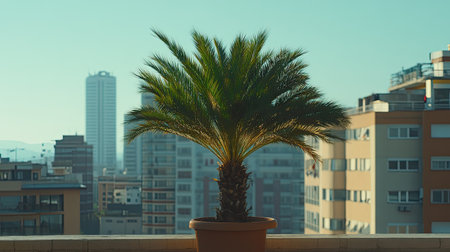 A date palm tree growing on a rooftop in a bustling city, providing a connection to nature in an urban environment.の素材