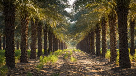 A date palm plantation with rows of trees, their trunks adorned with clusters of dark yellow dates, ready for harvest.の素材