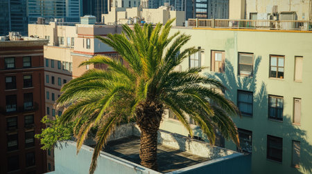 A date palm tree growing on a rooftop in a bustling city, providing a connection to nature in an urban environment.の素材