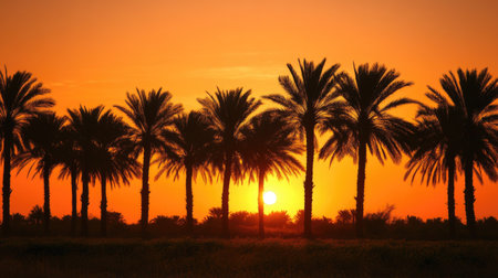 A date palm grove at sunset, with the trees silhouetted against a vibrant orange sky.の素材