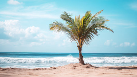 A date palm tree growing on a sandy beach, with the ocean waves crashing in the background.の素材