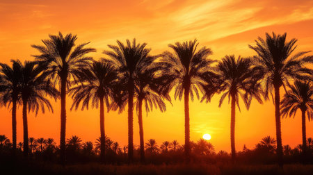 A date palm grove at sunset, with the trees silhouetted against a vibrant orange sky.の素材