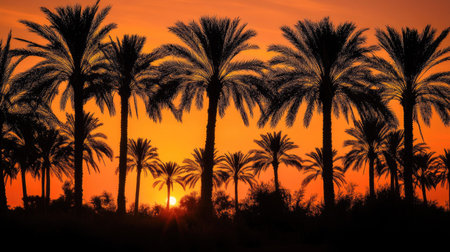 A date palm grove at sunset, with the trees silhouetted against a vibrant orange sky.の素材