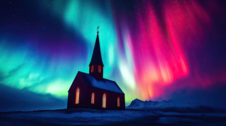 A close-up of the aurora borealis, showcasing the intricate details and vibrant colors of the dancing lights above a Christian church at Skagsanden beach, Lofoten islands, Norway.の素材
