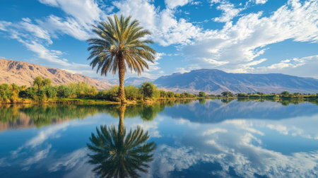 A date palm tree reflected in a clear desert lake, creating a stunning and mirror-like image.の素材