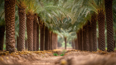 A date palm plantation with rows of trees, their trunks adorned with clusters of dark yellow dates, ready for harvest.の素材