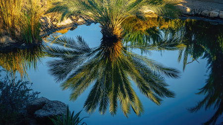 A date palm tree reflected in a still pond, creating a peaceful and serene image.の素材