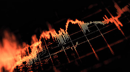 A high-contrast image of a stock market graph, with sharp lines and dramatic shadows, highlighting the volatility and risk of trading.の素材
